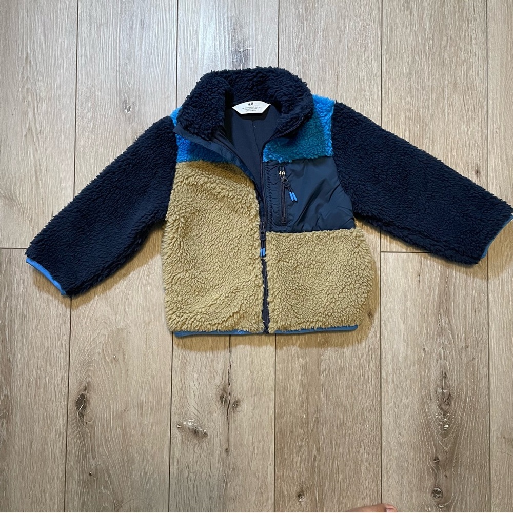 H&M Boys Toddler Color Block Teddy Fleece Jacket Blue Beige 3 -‎ 4T